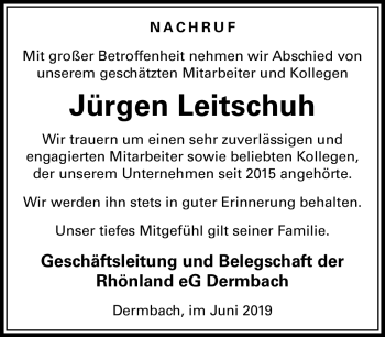 Traueranzeige von Jürgen Leitschuh von Südthüringer Presse