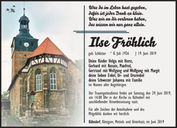 Traueranzeige von Ilse Fröhlich von Südthüringer Presse