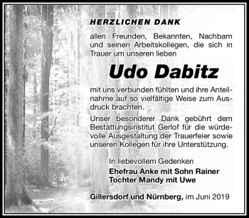 Traueranzeige von Udo Dabitz von Südthüringer Presse