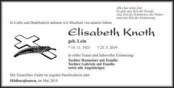 Traueranzeige von Elisabeth Knoth von Südthüringer Presse
