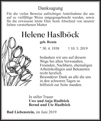 Traueranzeige von Helene Haslböck von Südthüringer Presse