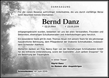 Traueranzeige von Bernd Danz von Südthüringer Presse