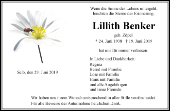Traueranzeige von Lillith Benker von Frankenpost
