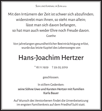 Traueranzeige von Hans-Joachim Hertzer von Südthüringer Presse