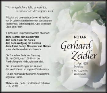 Traueranzeige von Gerhard Zeidler von Südthüringer Presse