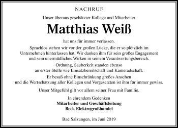 Traueranzeige von Matthias Weiß von Südthüringer Presse