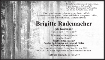 Traueranzeige von Brigitte Rademacher von Südthüringer Presse