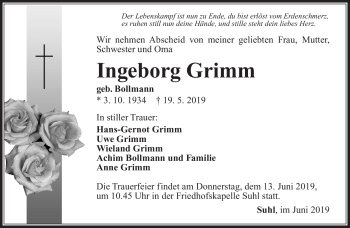 Traueranzeige von Ingeborg Grimm von Südthüringer Presse