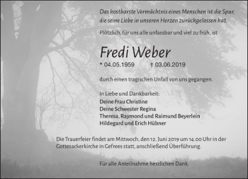 Traueranzeige von Fredi Weber von Frankenpost