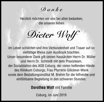 Traueranzeige von Dieter Wolf von Neue Presse Coburg