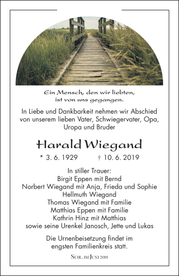 Traueranzeige von Harald Wiegand von Südthüringer Presse