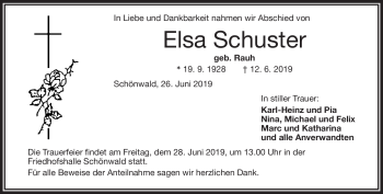 Traueranzeige von Elsa Schuster von Frankenpost