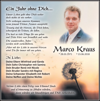Traueranzeige von Marco Kraus von Südthüringer Presse