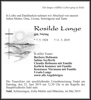 Traueranzeige von Rosilde Lange von Südthüringer Presse