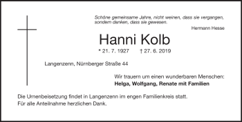 Traueranzeige von Hanni Kolb von Frankenpost