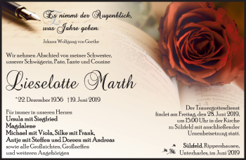Traueranzeige von Lieselotte Marth von Südthüringer Presse