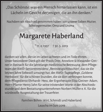 Traueranzeige von Margarete Haberland von Südthüringer Presse