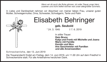 Traueranzeige von Elisabeth Behringer von Neue Presse Coburg