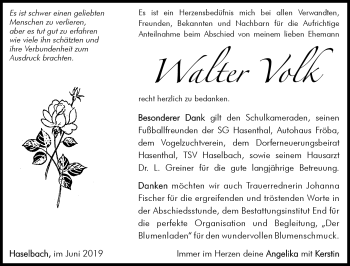Traueranzeige von Walter Volk von Südthüringer Presse