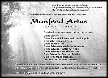 Traueranzeige von Manfred Artus von Südthüringer Presse