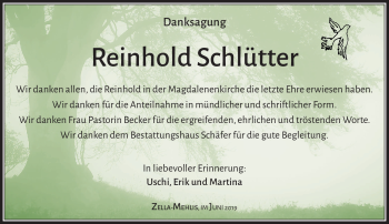 Traueranzeige von Reinhold Schlütter von Südthüringer Presse