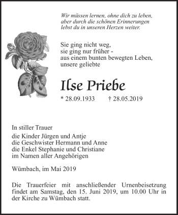 Traueranzeige von Ilse Priebe von Südthüringer Presse
