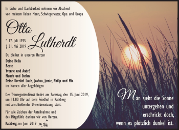 Traueranzeige von Otto Lutherdt von Südthüringer Presse
