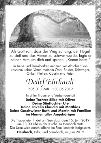 Traueranzeige von Detlef Ehrhardt von Südthüringer Presse