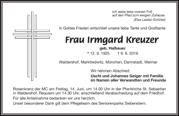 Traueranzeige von Irmgard Kreuzer von Frankenpost