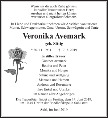 Traueranzeige von Veronika Avemark von Südthüringer Presse