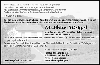 Traueranzeige von Matthias Weigel von Südthüringer Presse