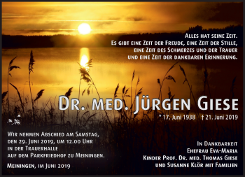 Traueranzeige von Jürgen Giese von Südthüringer Presse