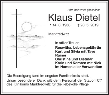 Traueranzeige von Klaus Dietel von Frankenpost