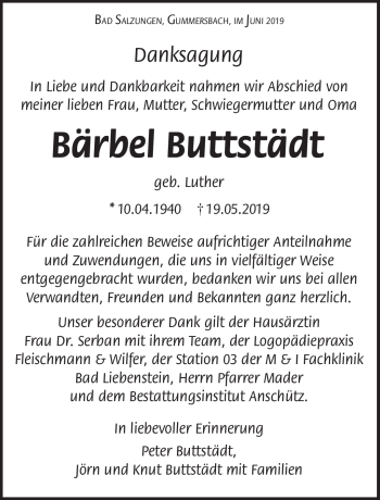 Traueranzeige von Bärbel Buttstädt von Südthüringer Presse