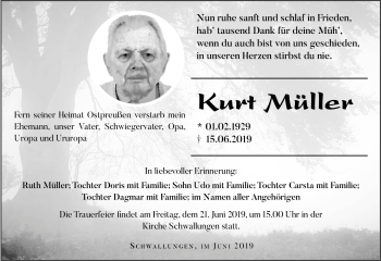 Traueranzeige von Kurt Müller von Südthüringer Presse