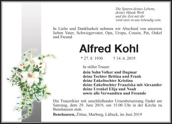 Traueranzeige von Alfred Kohl von Südthüringer Presse