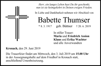 Traueranzeige von Babette Thumser von Neue Presse Coburg