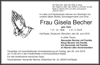 Traueranzeige von Gisela Becher von Frankenpost