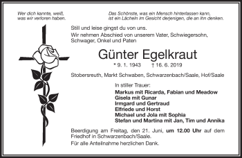 Traueranzeige von Günter Egelkraut von Frankenpost