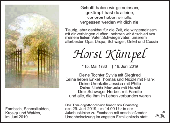 Traueranzeige von Horst Kümpel von Südthüringer Presse