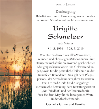 Traueranzeige von Brigitte Schmelzer von Südthüringer Presse