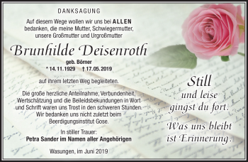 Traueranzeige von Brunhilde Deisenroth von Südthüringer Presse