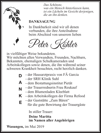Traueranzeige von Peter Köhler von Südthüringer Presse