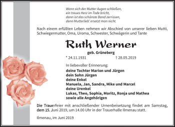 Traueranzeige von Ruth Werner von Südthüringer Presse