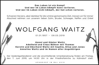 Traueranzeige von Wolfgang Waitz von Südthüringer Presse