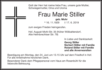 Traueranzeige von Marie Stiller von Frankenpost