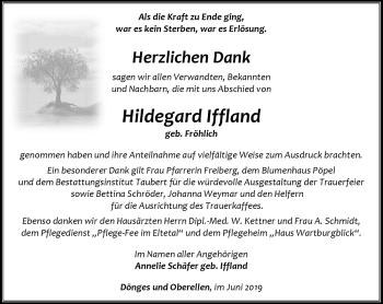 Traueranzeige von Hildgard Iffland von Südthüringer Presse