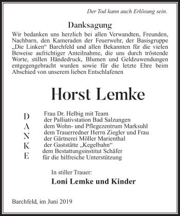 Traueranzeige von Horst Lemke von Südthüringer Presse