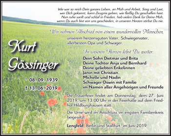 Traueranzeige von Kurt Gössinger von Südthüringer Presse