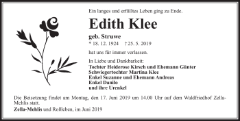 Traueranzeige von Edith Klee von Südthüringer Presse